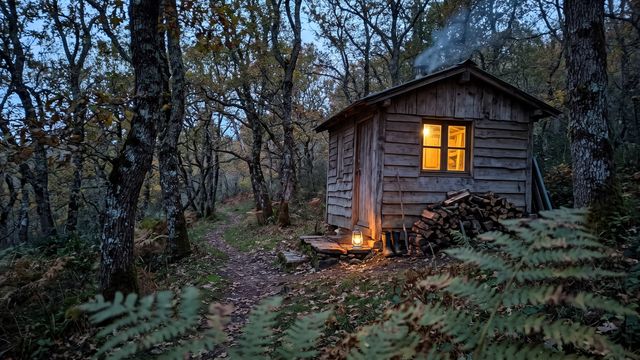 Une cabane en bois éclairée de l'intérieur à l'heure bleue, au bord d'un chemin en forêt