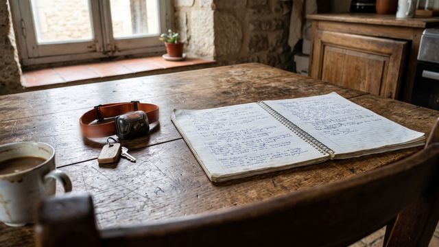 Deux carnets de voyage ouverts sur une table en bois à côté d'une lampe frontale et d'un porte-clés en bois