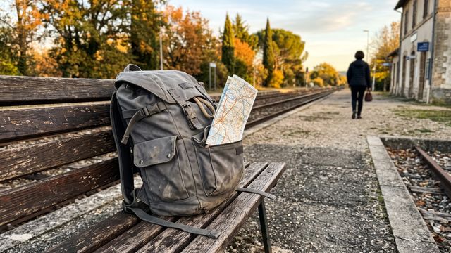 Un sac à dos posé sur un banc de quai de gare en fin de journée