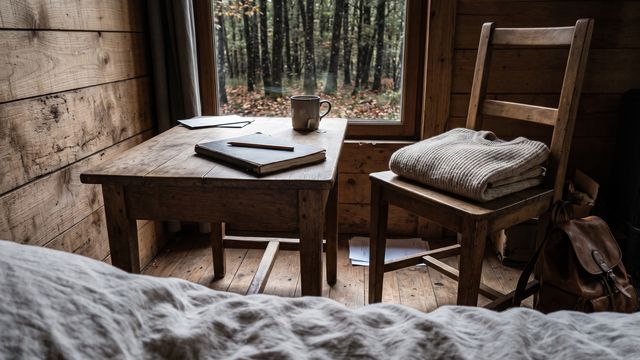 Un carnet et un stylo posés sur la table d'une cabane, une fenêtre donnant sur des arbres