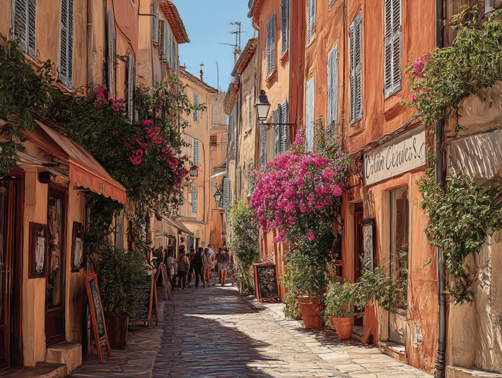 Ruelle provençale : façades ocre, boutiques, lumière douce